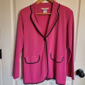 Exclusively Misook Cardigan XS Pink Sweater Knit Blazer Black Trim One Button